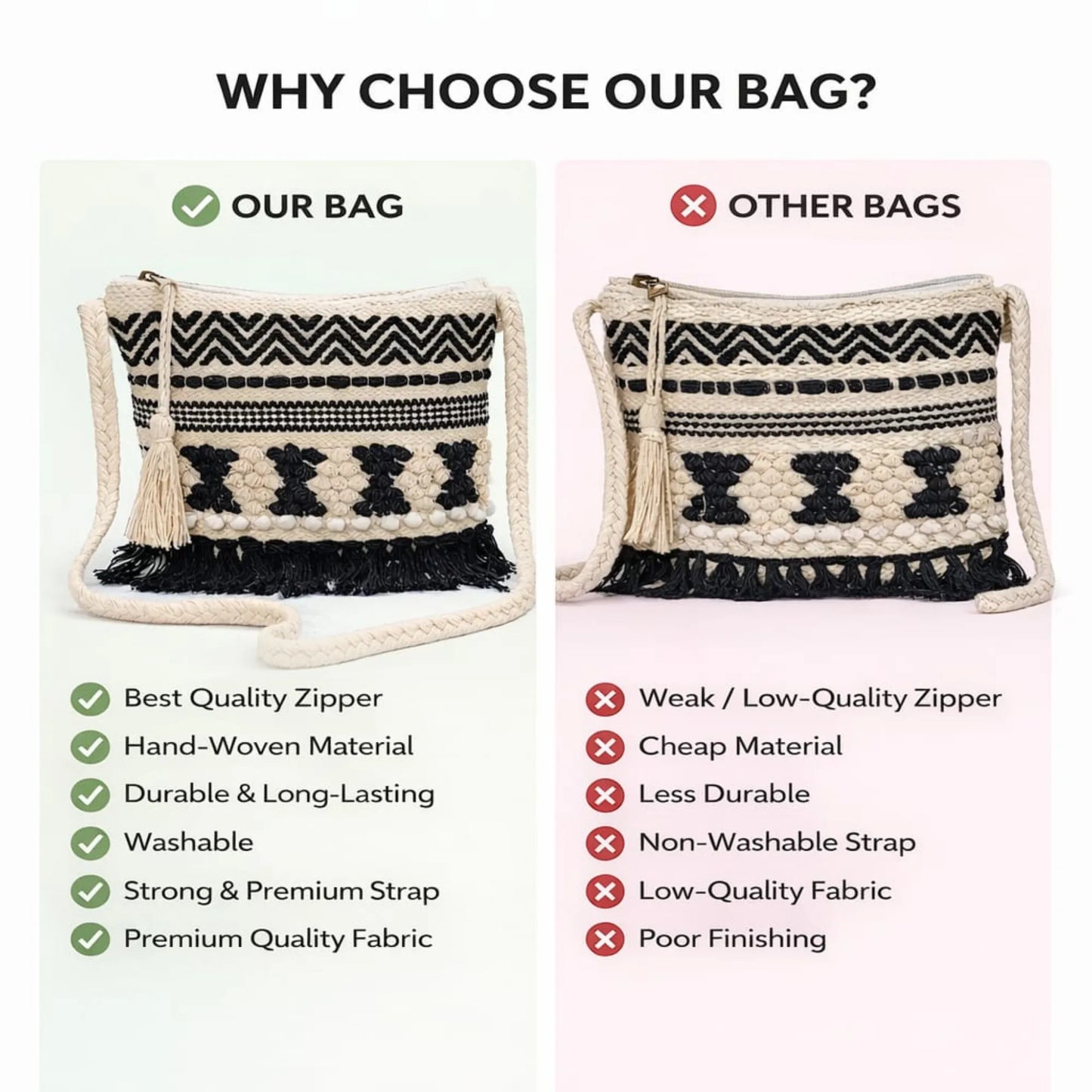 Cotton Bohemian Bag, Sling Bag for Girls and Women Handmade Cotton Purse, Ethnic Crossbody - HB1002