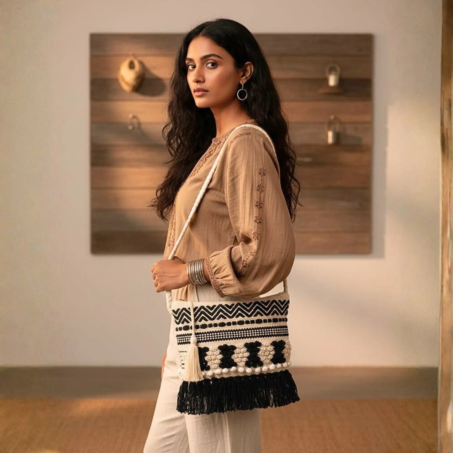 Cotton Bohemian Bag, Sling Bag for Girls and Women Handmade Cotton Purse, Ethnic Crossbody - HB1002