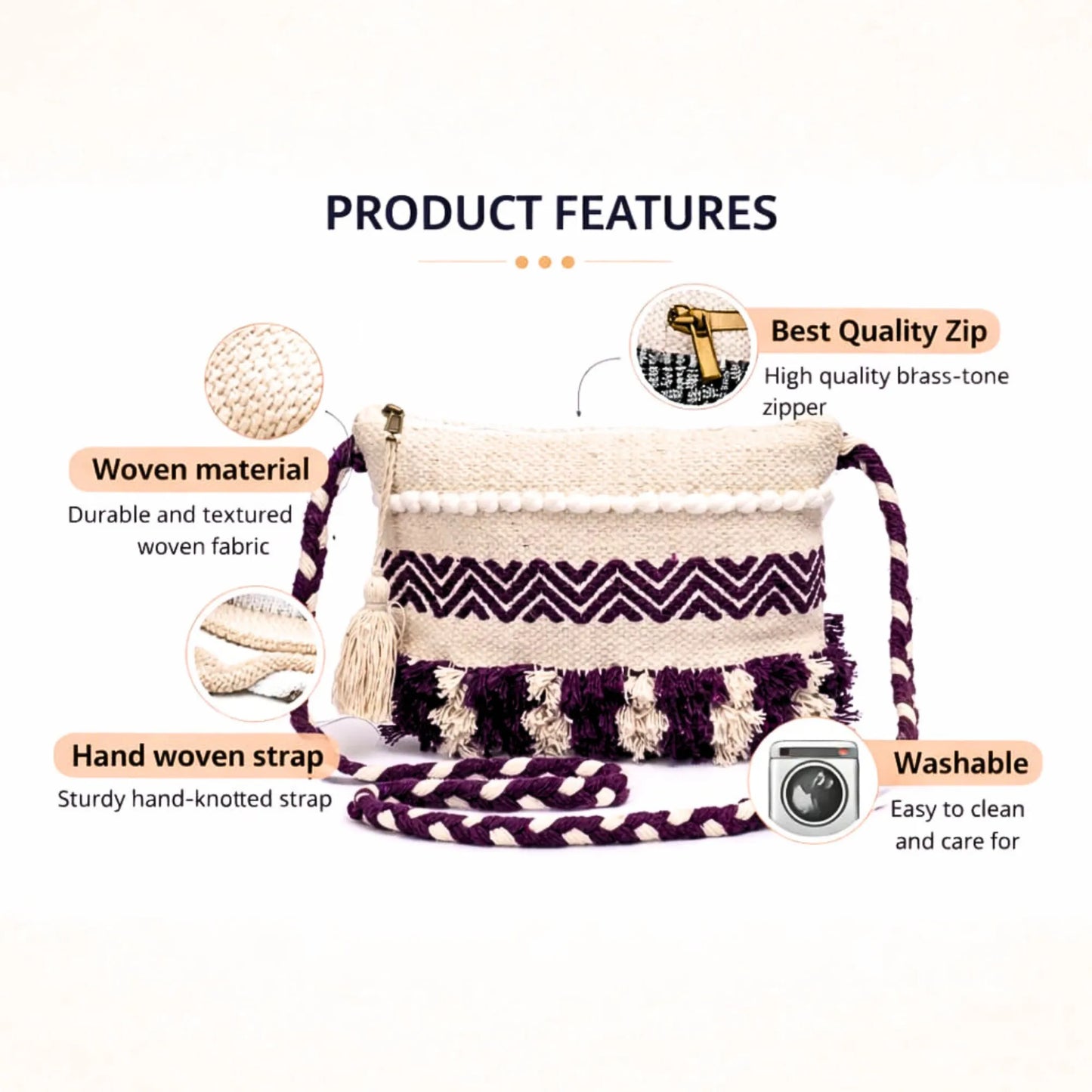 Cotton Bohemian Bag, Sling Bag for Girls and Women Handmade Cotton Purse, Ethnic Crossbody HB1003