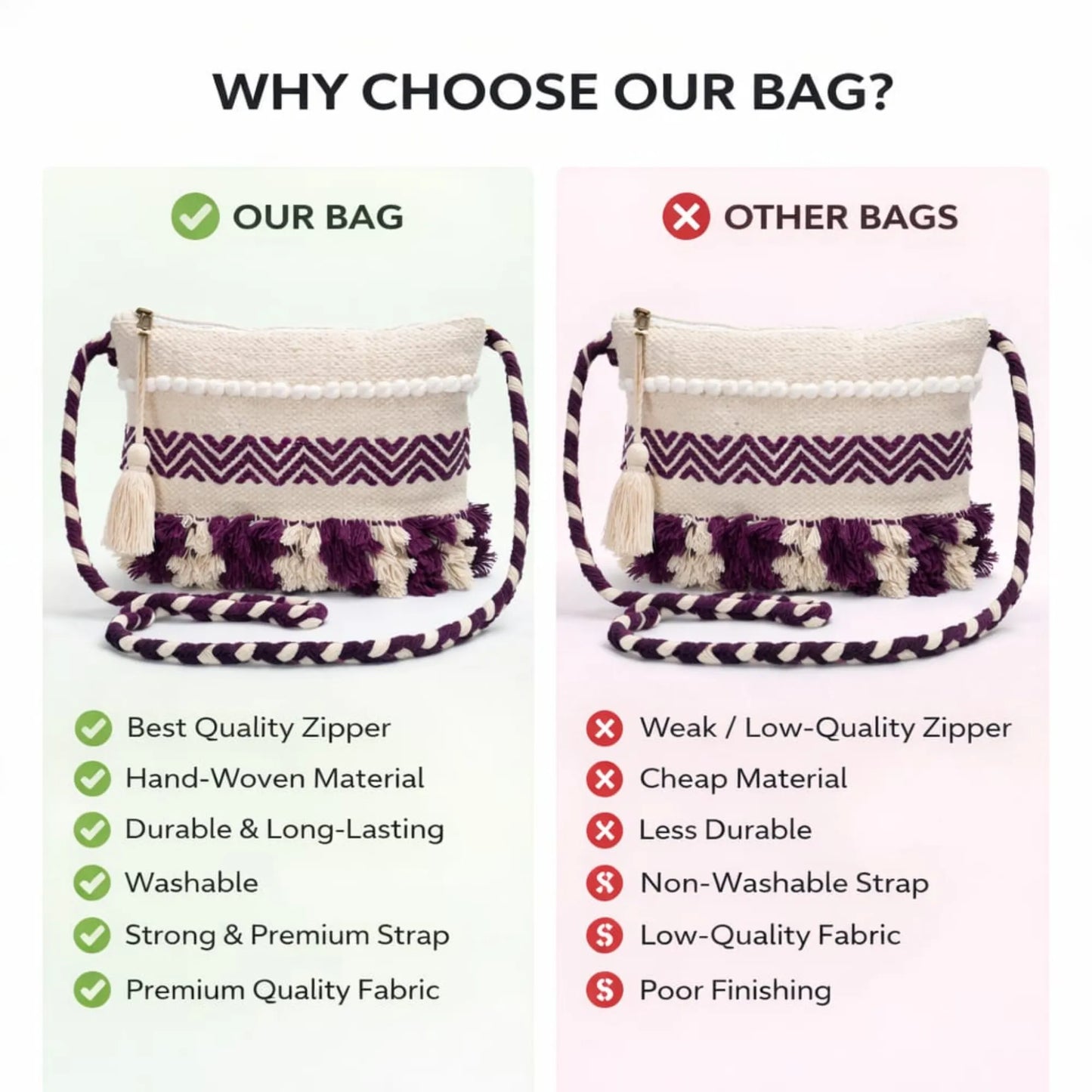 Cotton Bohemian Bag, Sling Bag for Girls and Women Handmade Cotton Purse, Ethnic Crossbody HB1003