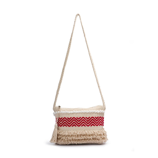 Cotton Bohemian Bag, Sling Bag for Girls and Women Handmade Cotton Purse, Red - HB10022