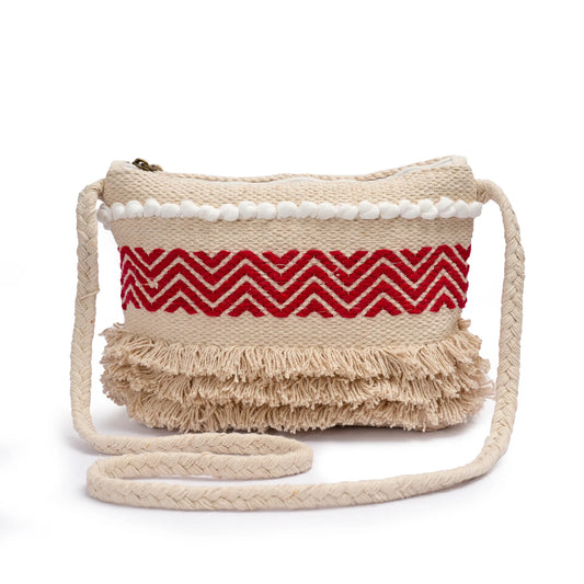 Cotton Bohemian Bag, Sling Bag for Girls and Women Handmade Cotton Purse, Red - HB10022