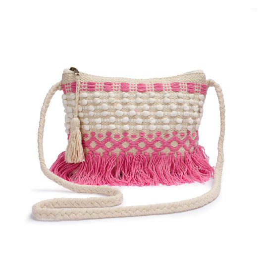 Cotton Bohemian Bag, Sling Bag for Girls and Women Handmade Cotton Purse, Pink - HB10020
