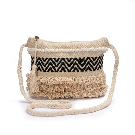 Cotton Bohemian Bag, Sling Bag for Girls and Women Handmade Cotton Purse, Black - HB10021