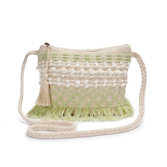 Cotton Bohemian Bag, Sling Bag for Girls and Women Handmade Cotton Purse,Light Green- HB10026